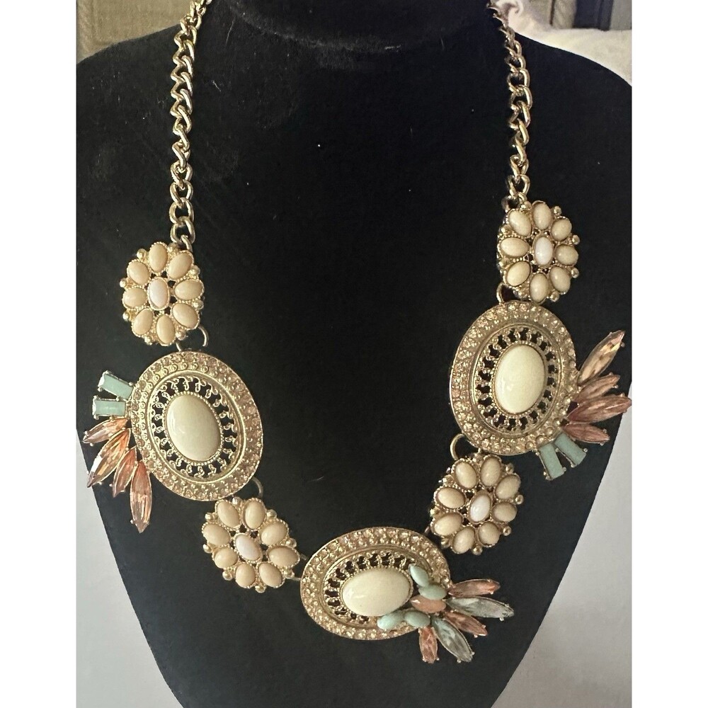 Gold Tone Statement Necklace Ivory Cabochon Peach Mint Rhinestone Bib